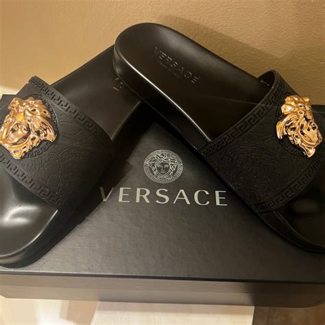 versace slides mens black|Versace embroidered leather sandals men.